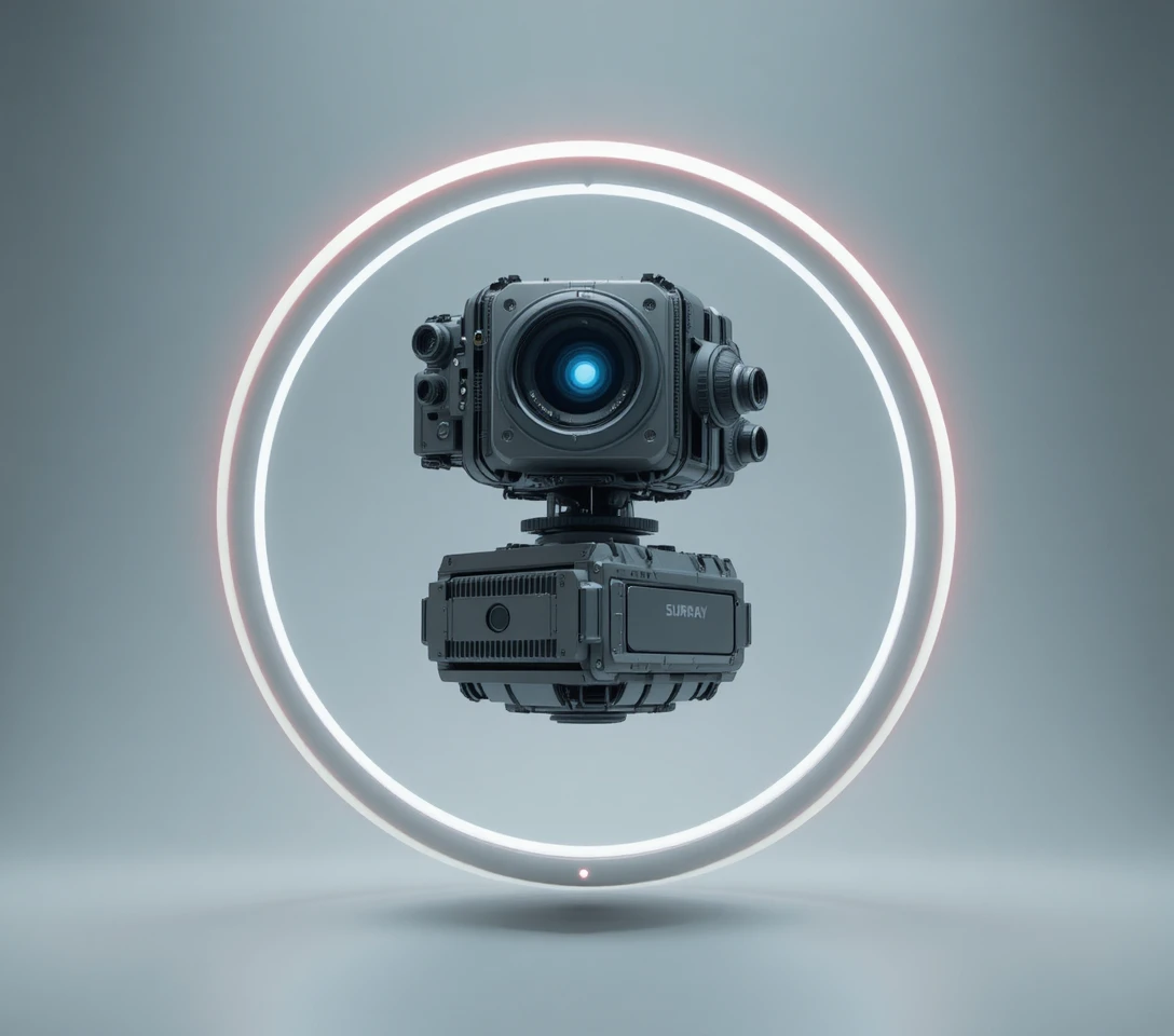 Futuristic optical targeting device with glowing central lens