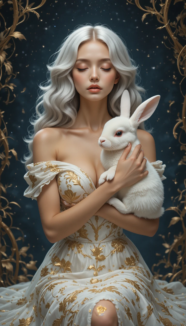 Elegant woman in white gown resting with a calm rabbit