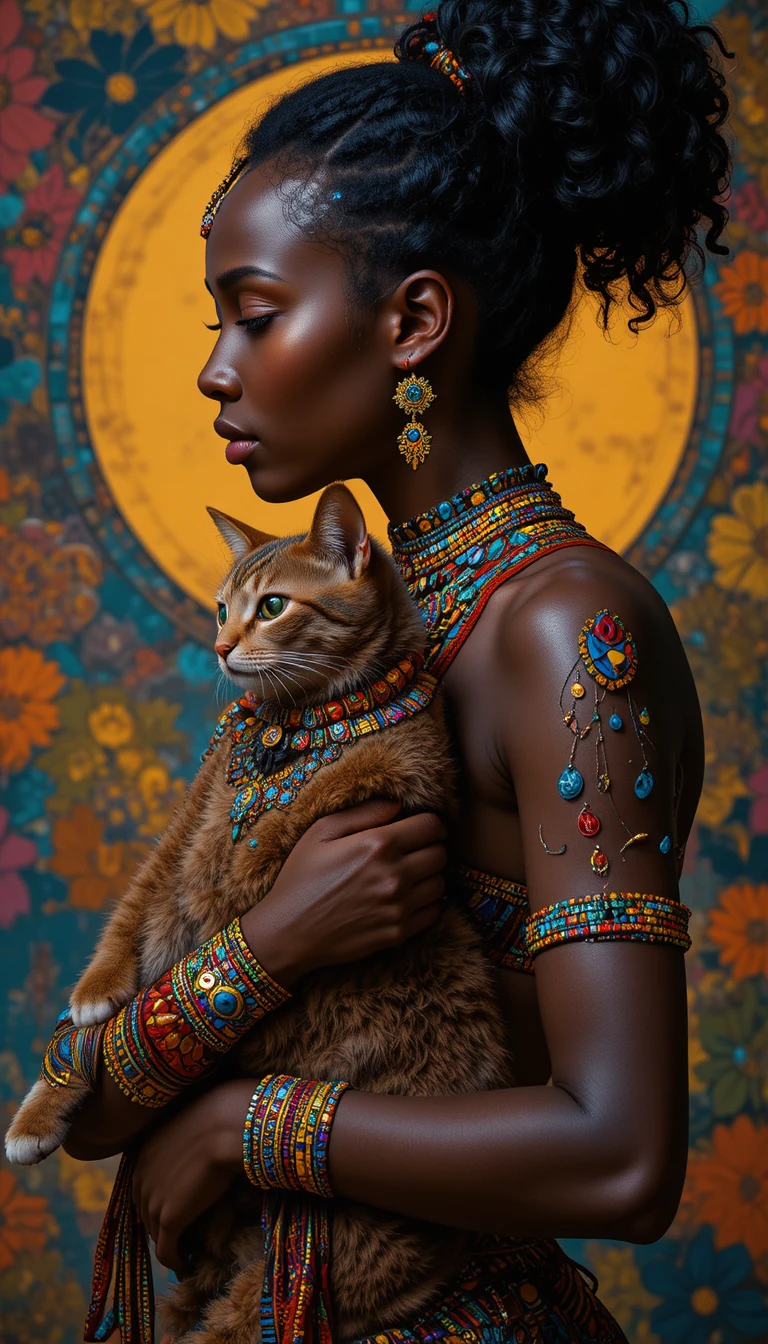 African woman in profile holding a sphynx cat with jewelry