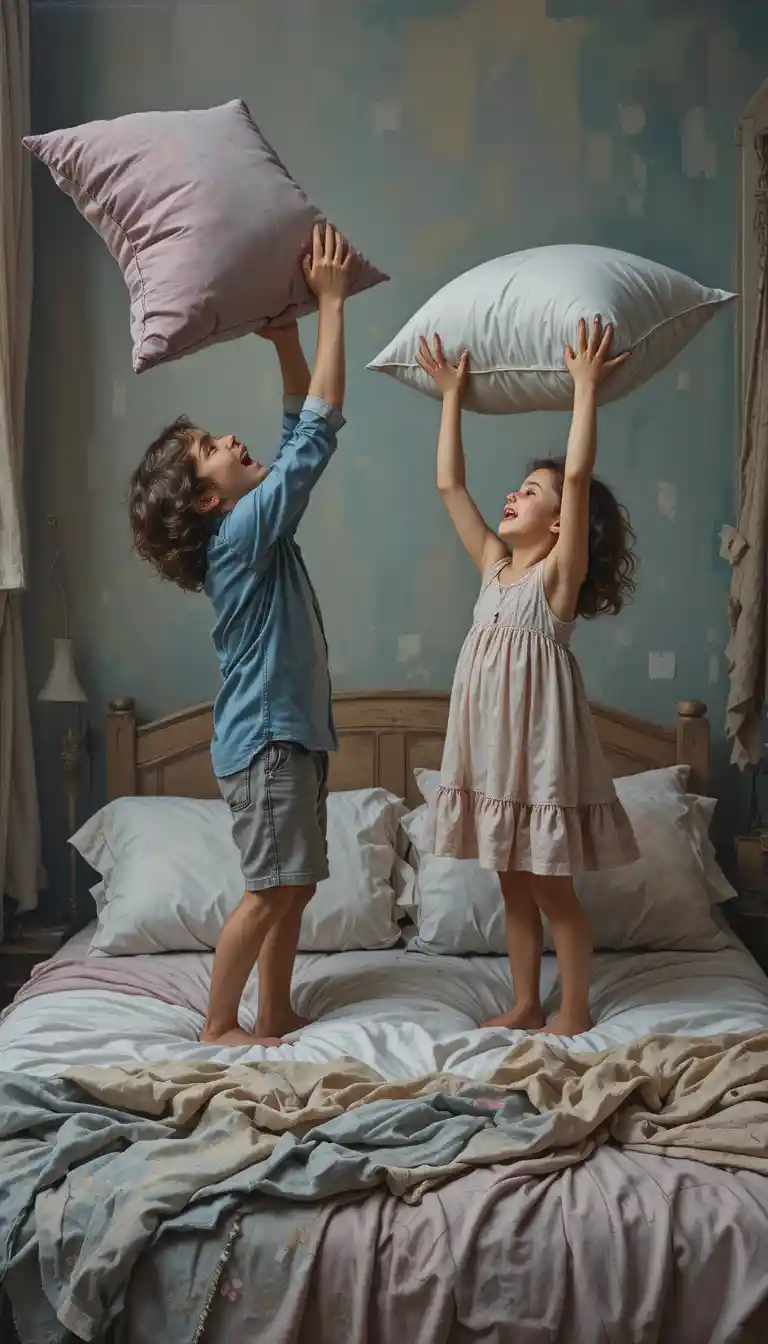 Frère et sœur joyeux en bataille d’oreillers sur un lit douillet