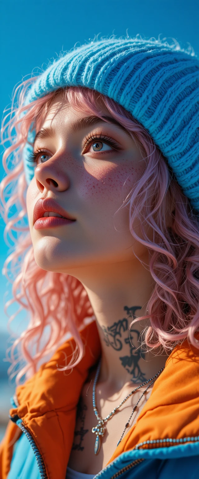 Pink haired girl in beanie with tattoos looking up