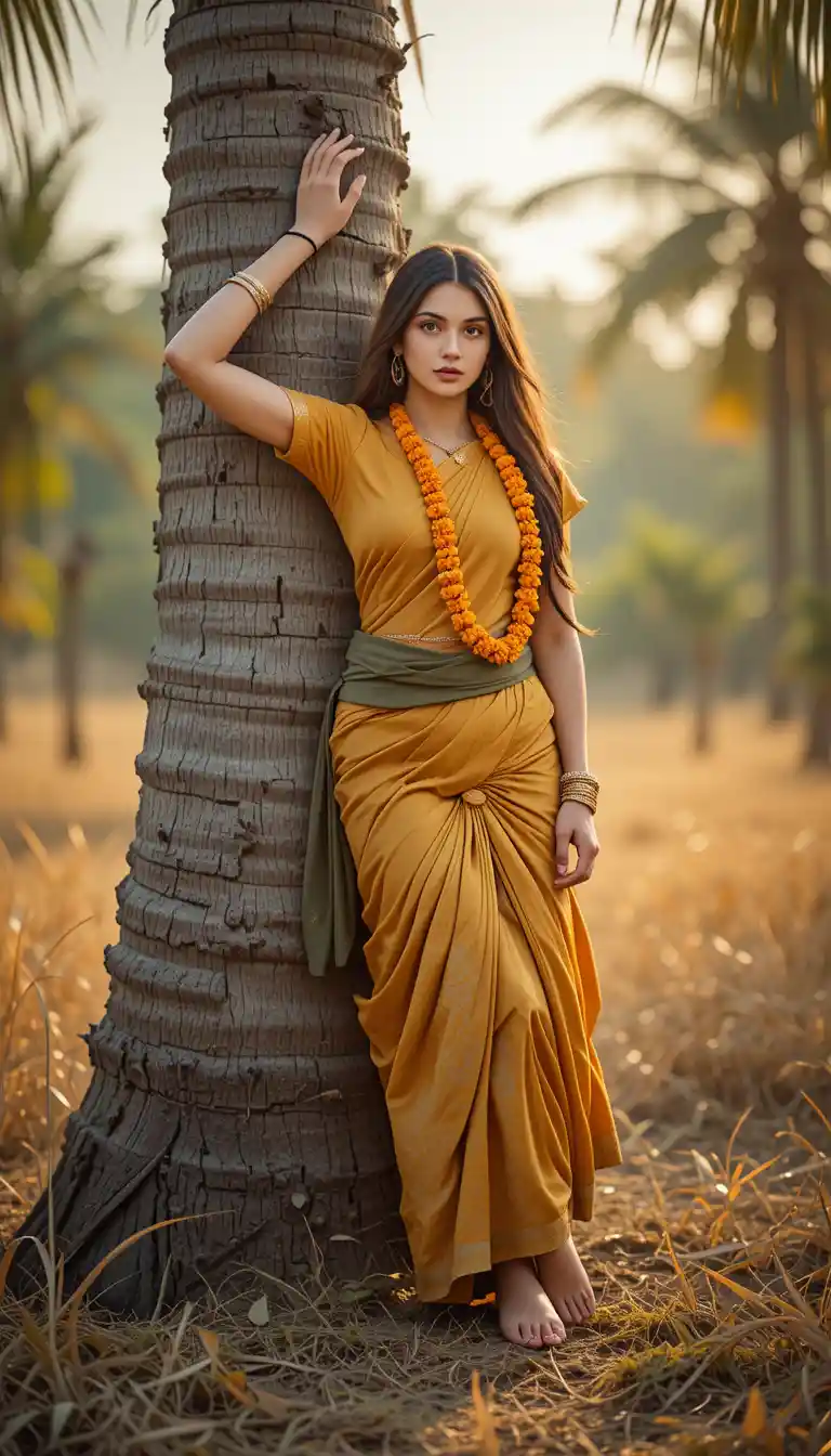 South Indian woman by a palm tree at golden hour