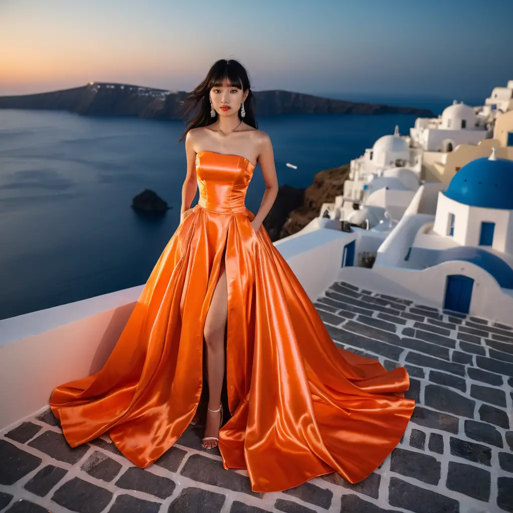 Garota elegante em vestido de cetim laranja à noite em Santorini
