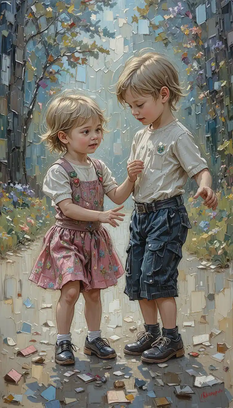 Peinture à l’huile impressionniste d’enfants jouant ensemble