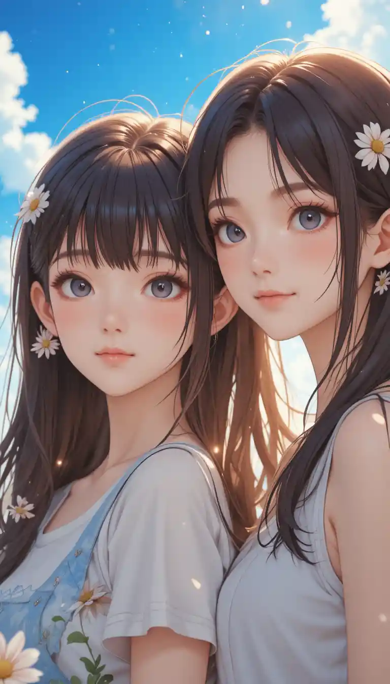 Coppia anime in primo piano sotto un luminoso cielo estivo