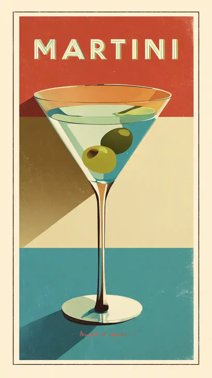 Pôster de coquetel martini mid-century com taça centralizada