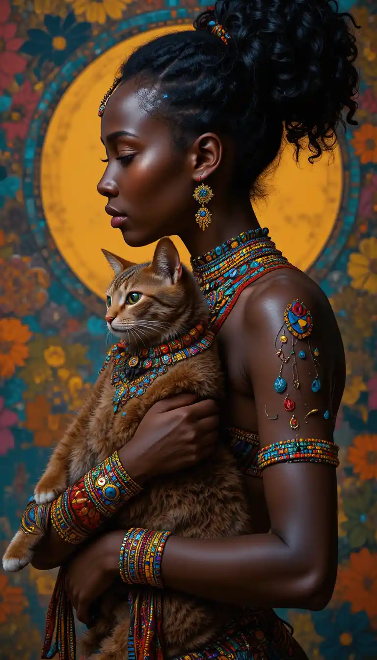 African woman in profile holding a sphynx cat with jewelry