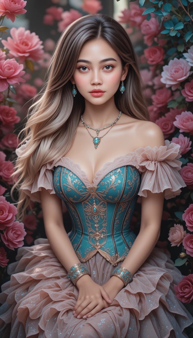 Joven elegante con vestido corsé color verde azulado entre flores