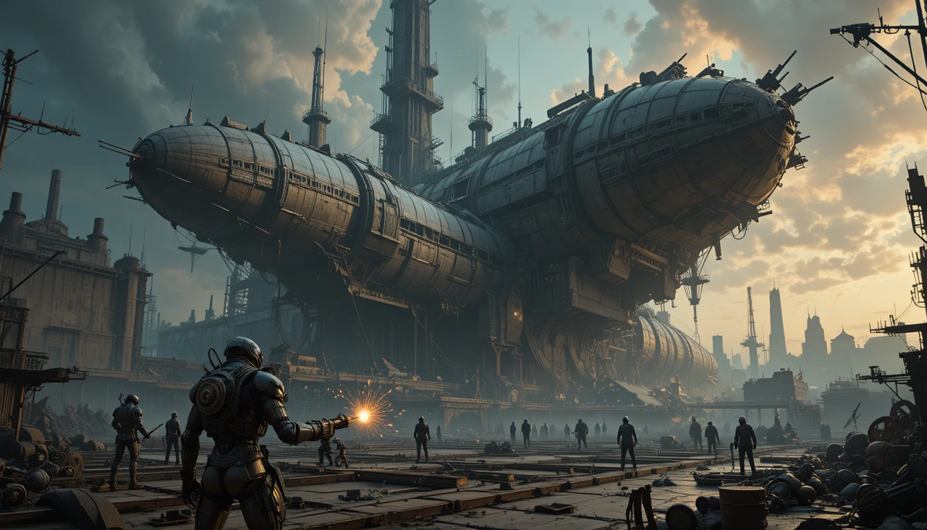 Colossais aeronaves steampunk se erguendo em um estaleiro esquecido