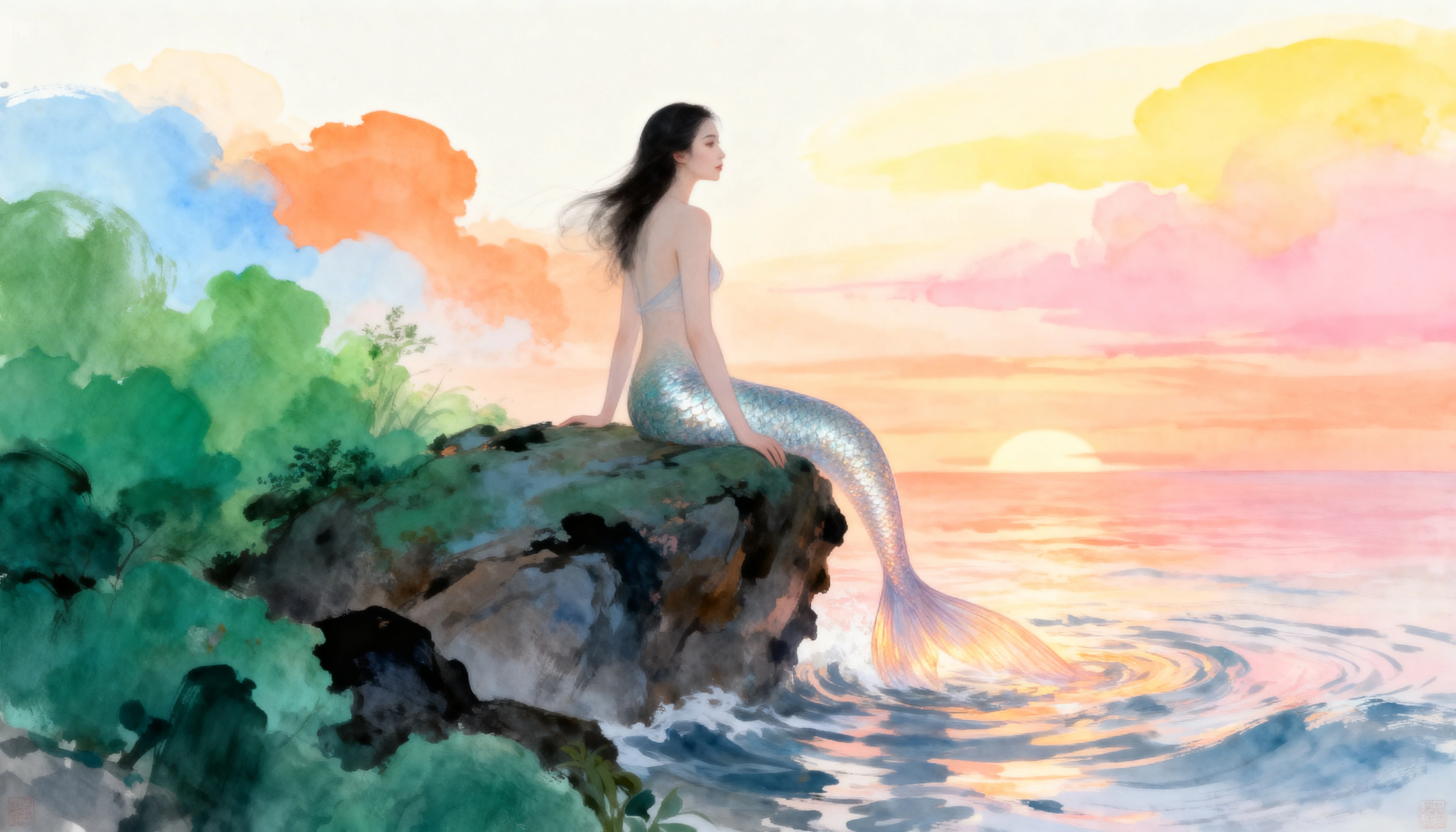 Sereia serena sobre rochas ao pôr do sol em pintura de tinta em tons pastéis