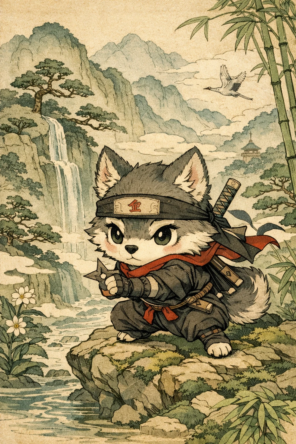 Lobo ninja chibi em serena paisagem montanhosa enevoada