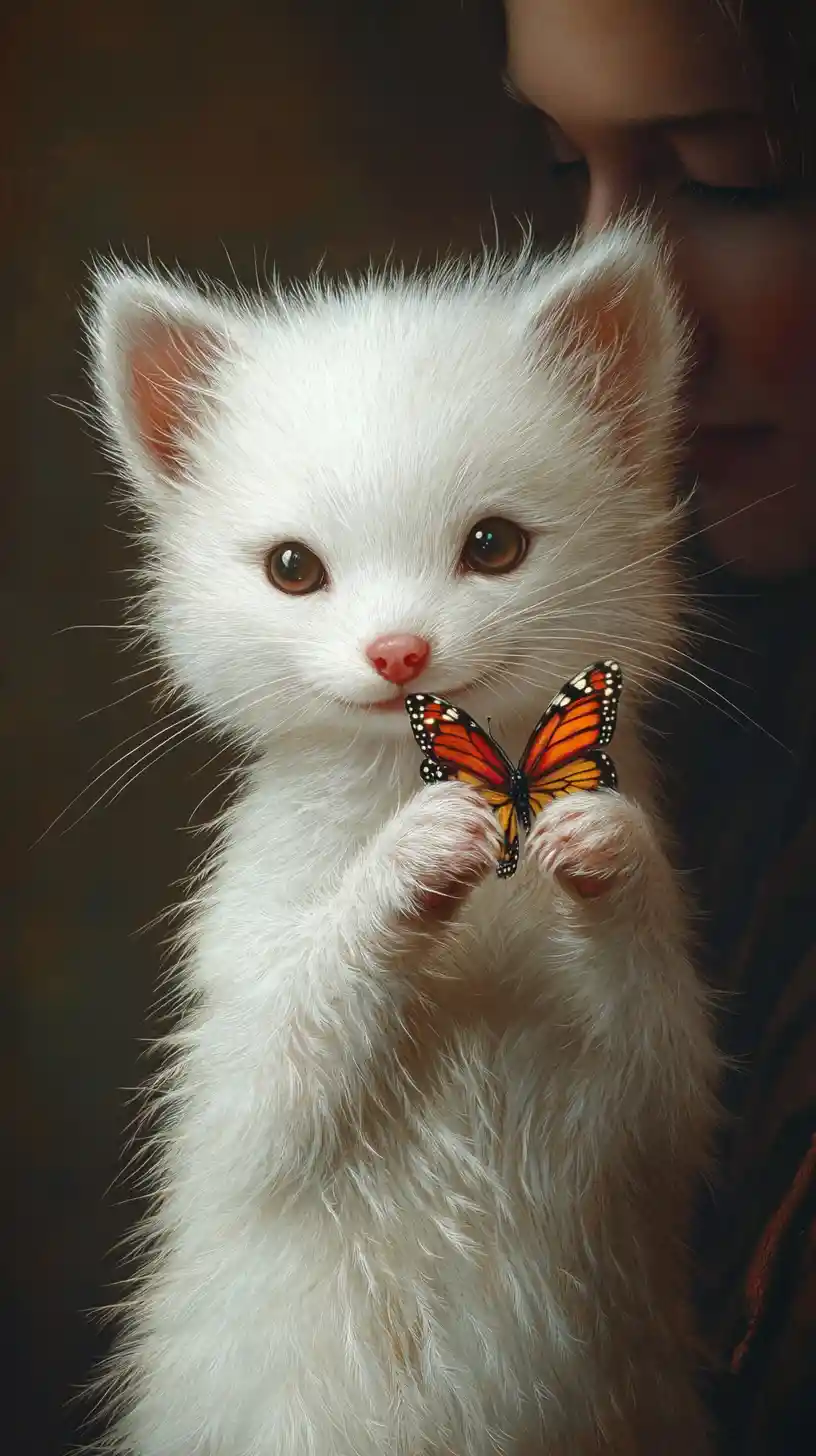 Tableau pop art d’un furet blanc duveteux avec un papillon