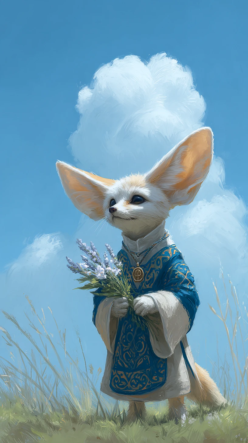 Volpe fennec antropomorfa in un prato assolato con fiori