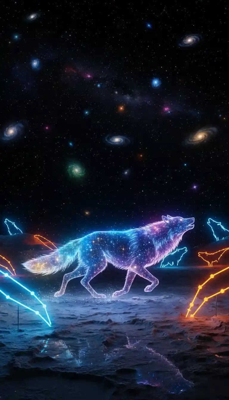 Lobo celestial correndo pela superfície lunar ao luar