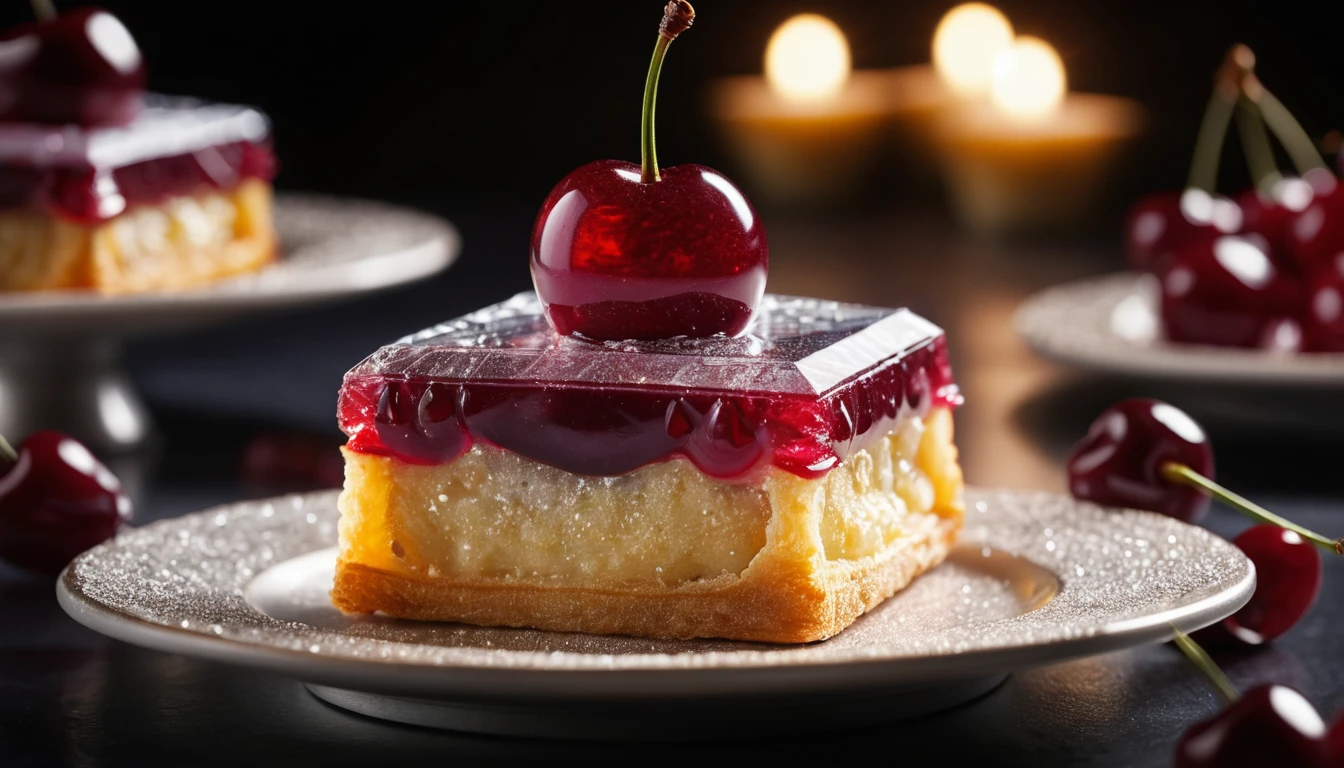 Sobremesa gourmet em forma de pastel joia com cereja rubi