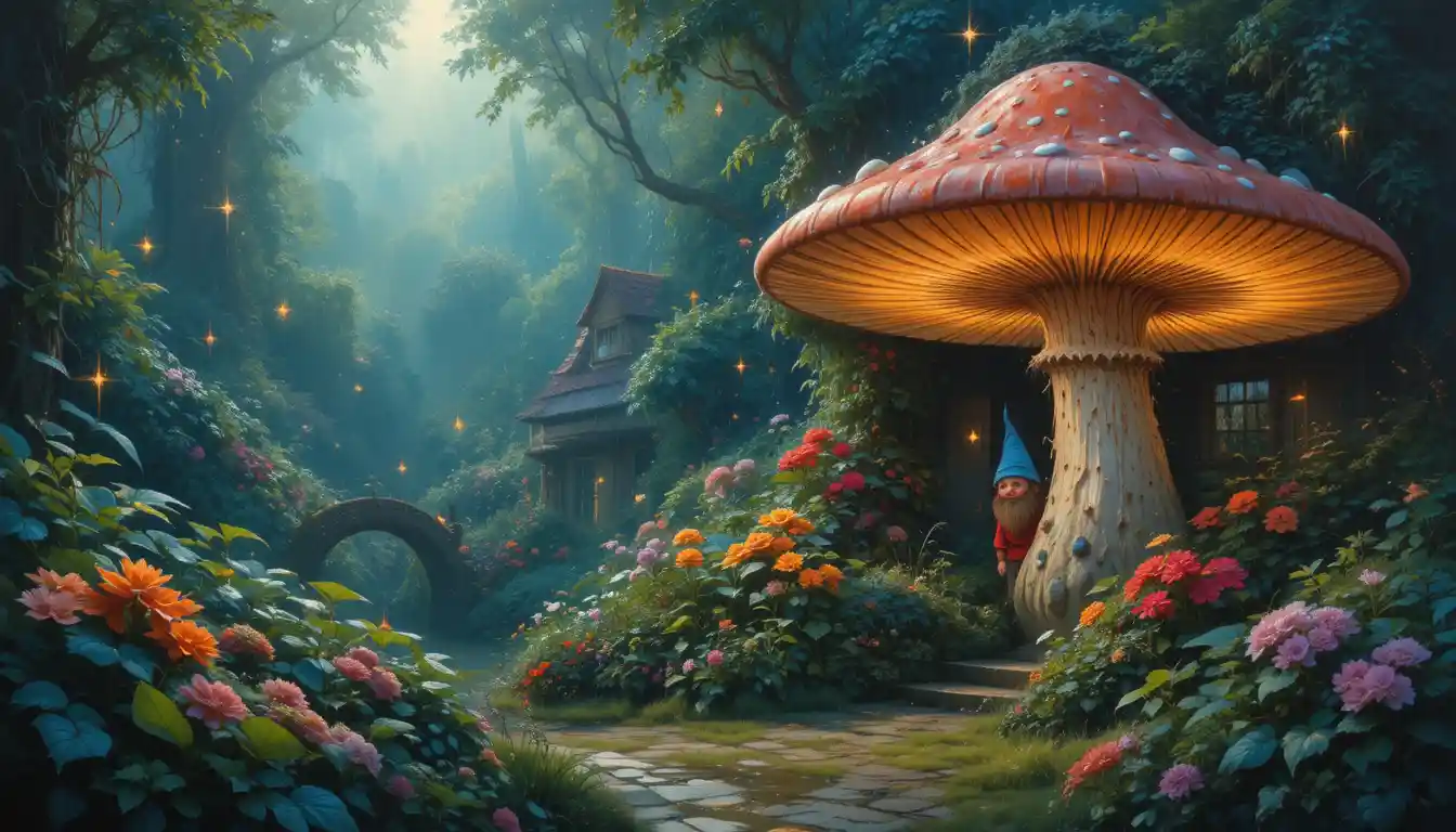 Gnomo da giardino impressionista tra funghi luminosi e lucciole
