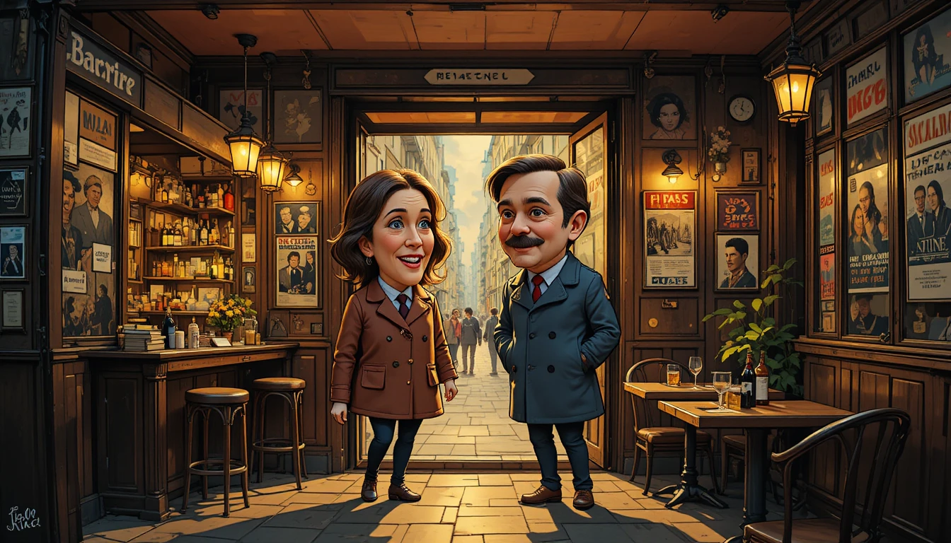 Couple entering a quiet candlelit cafe on a rainy night