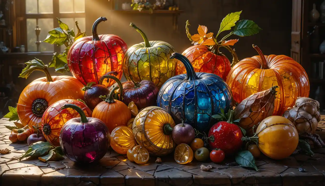 Surreal stained glass still life of luminous glass food