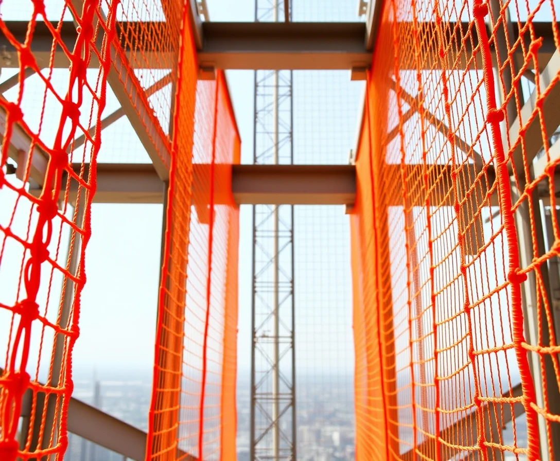 高樓建築工地上的橙色菱格安全網
