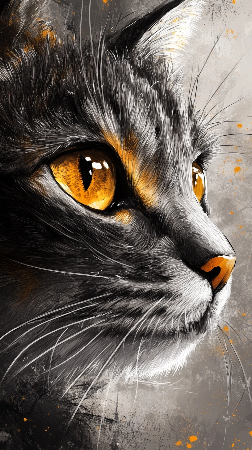 Desenho digital em close de um gato com olhos dramáticos