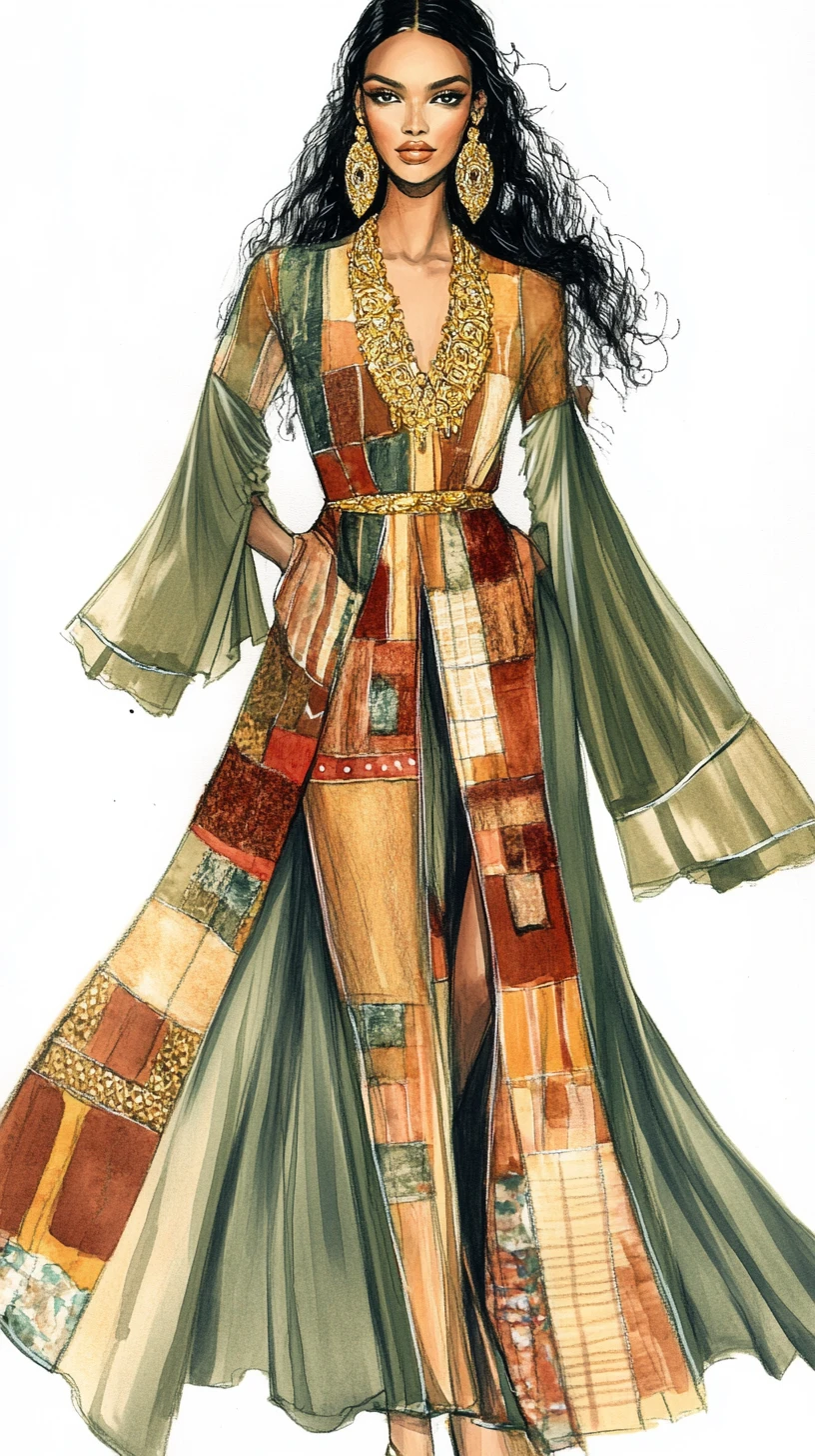 Fashion illustration of a long patchwork dress with gold jewelry