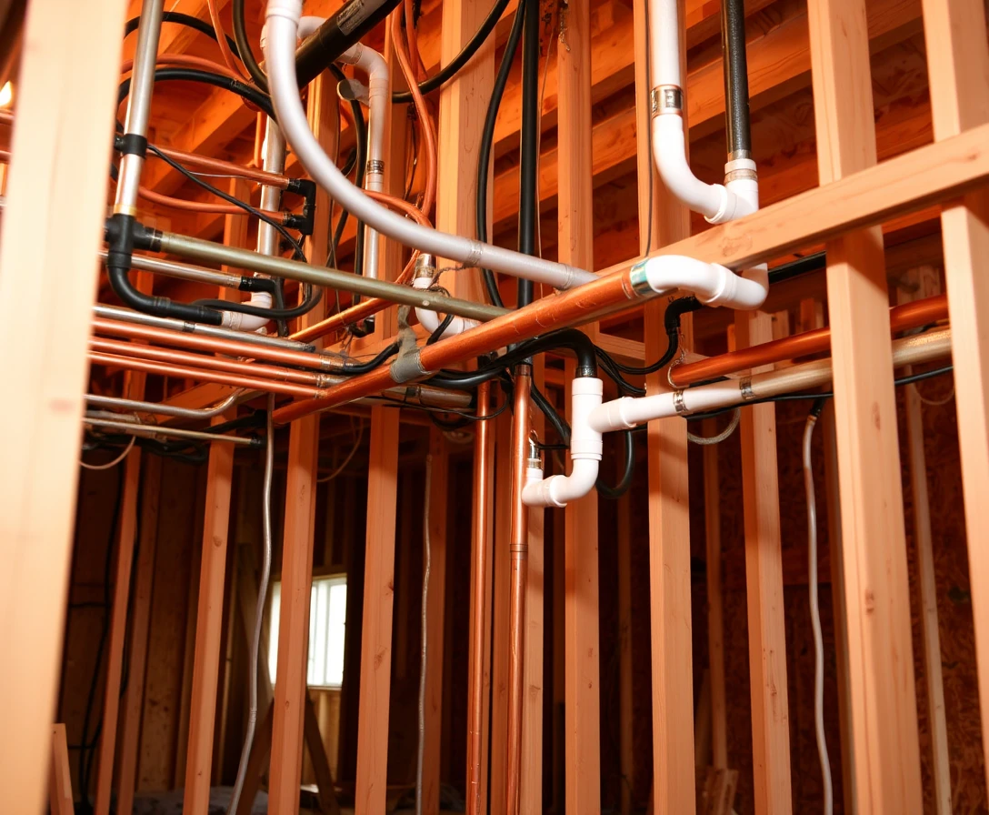 Rete di tubature in rame e PVC all’interno di una casa con struttura in legno