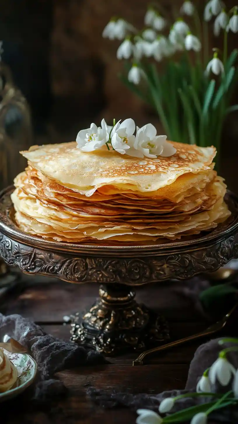 Pilha de panquecas russas tradicionais em uma mesa ornamentada de Maslenitsa