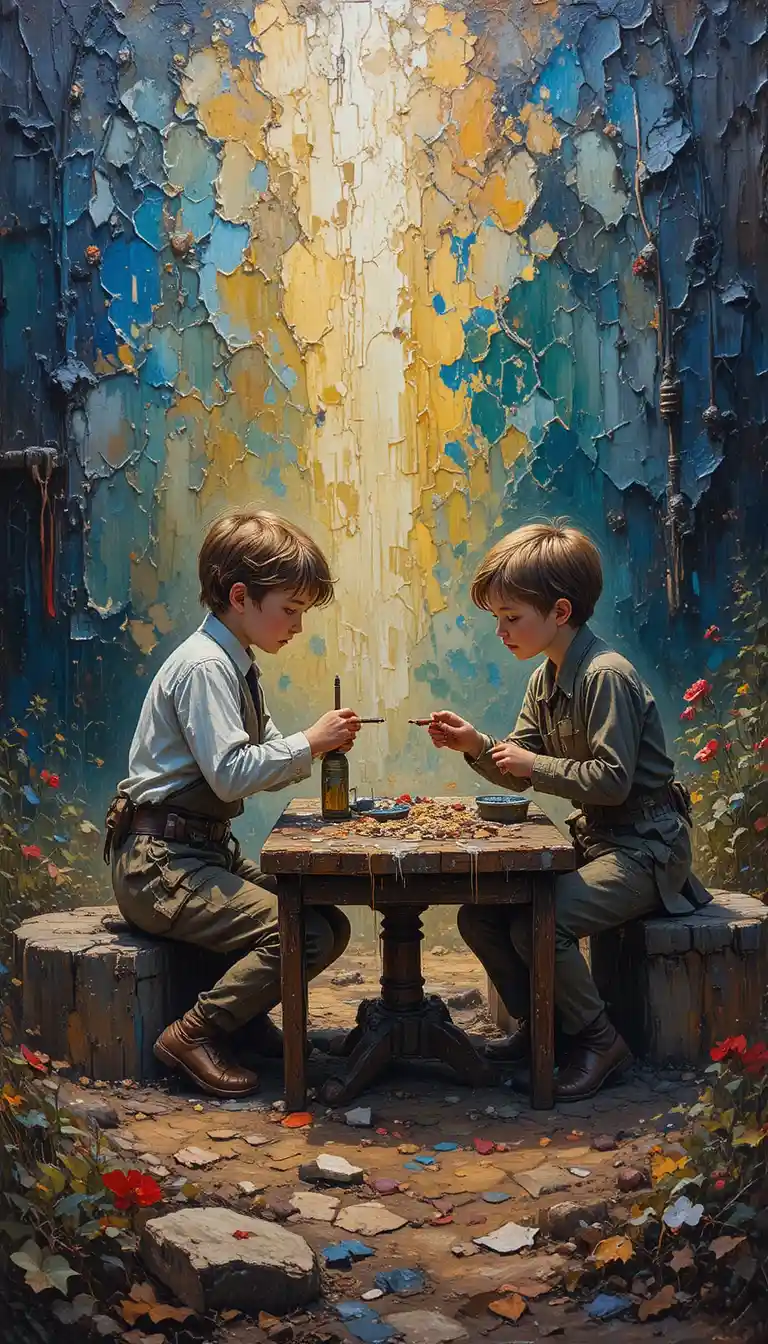 Peinture en impasto de deux enfants jouant à une guerre d’enfance