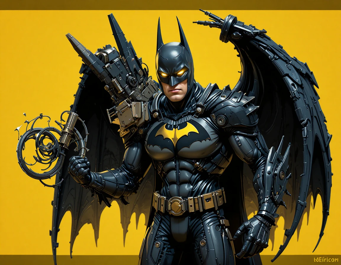 Super-herói futurista em armadura preta com emblema brilhante no peito