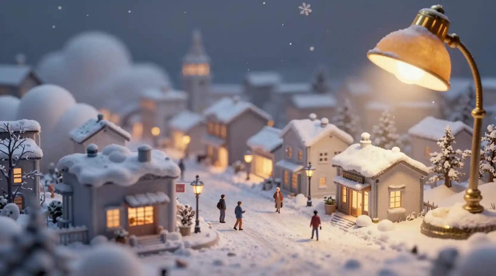 Miniature Winter City Under Soft Golden Lamp Light