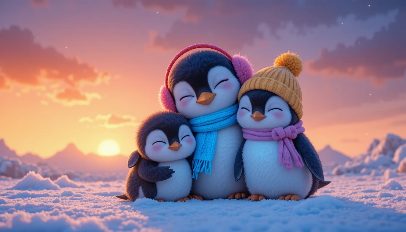 Tierno trío de pingüinos acurrucados en un atardecer nevado y resplandeciente