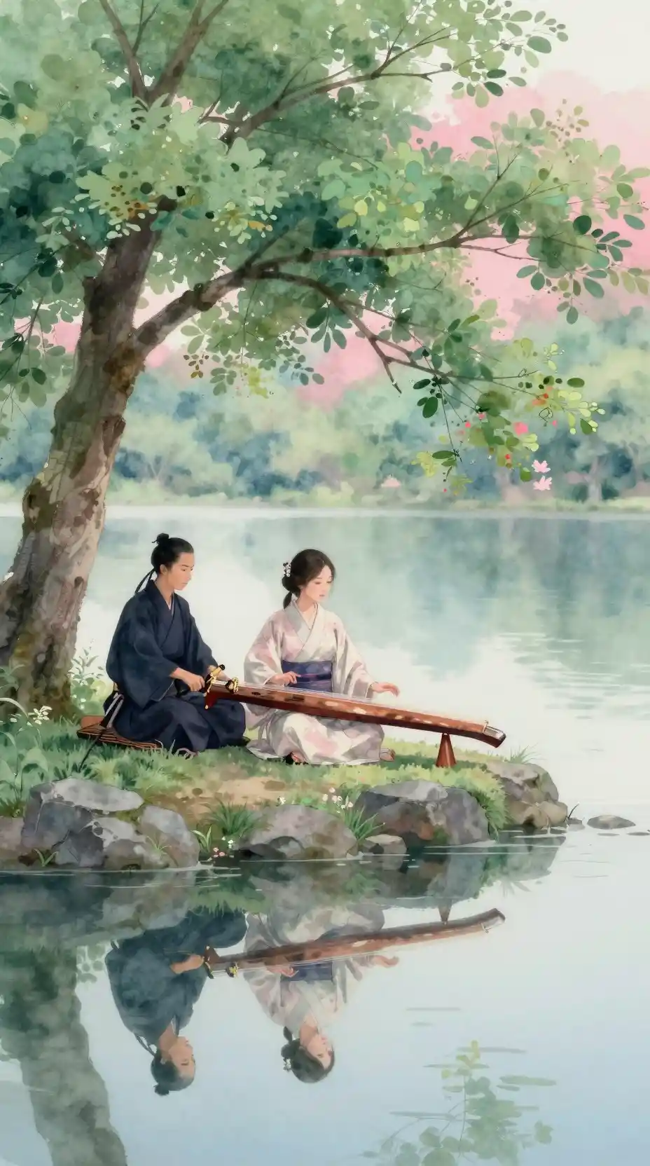 静かな湖畔の木のそばで琴を弾く女性