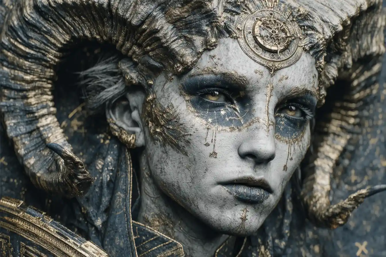 Dark fantasy female demon with glowing magical auras