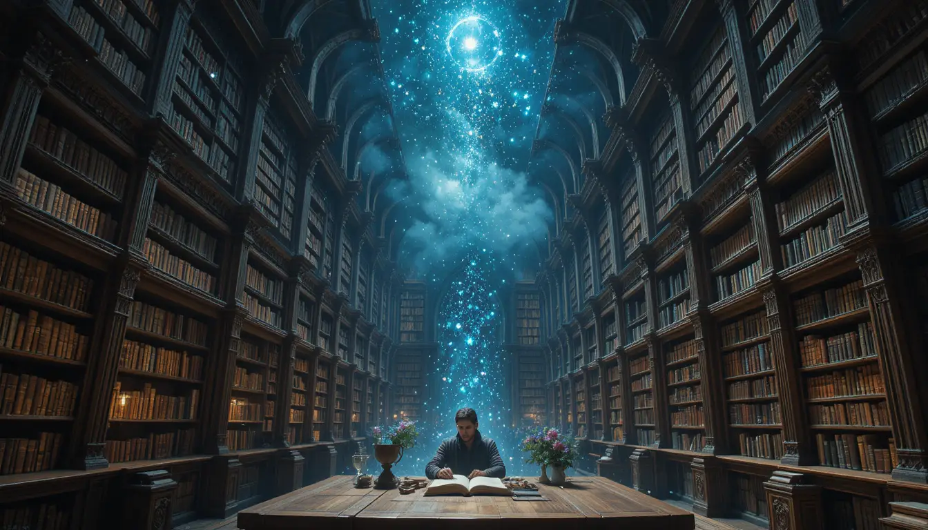Erudito em uma biblioteca antiga sob um céu celestial de estantes flutuantes