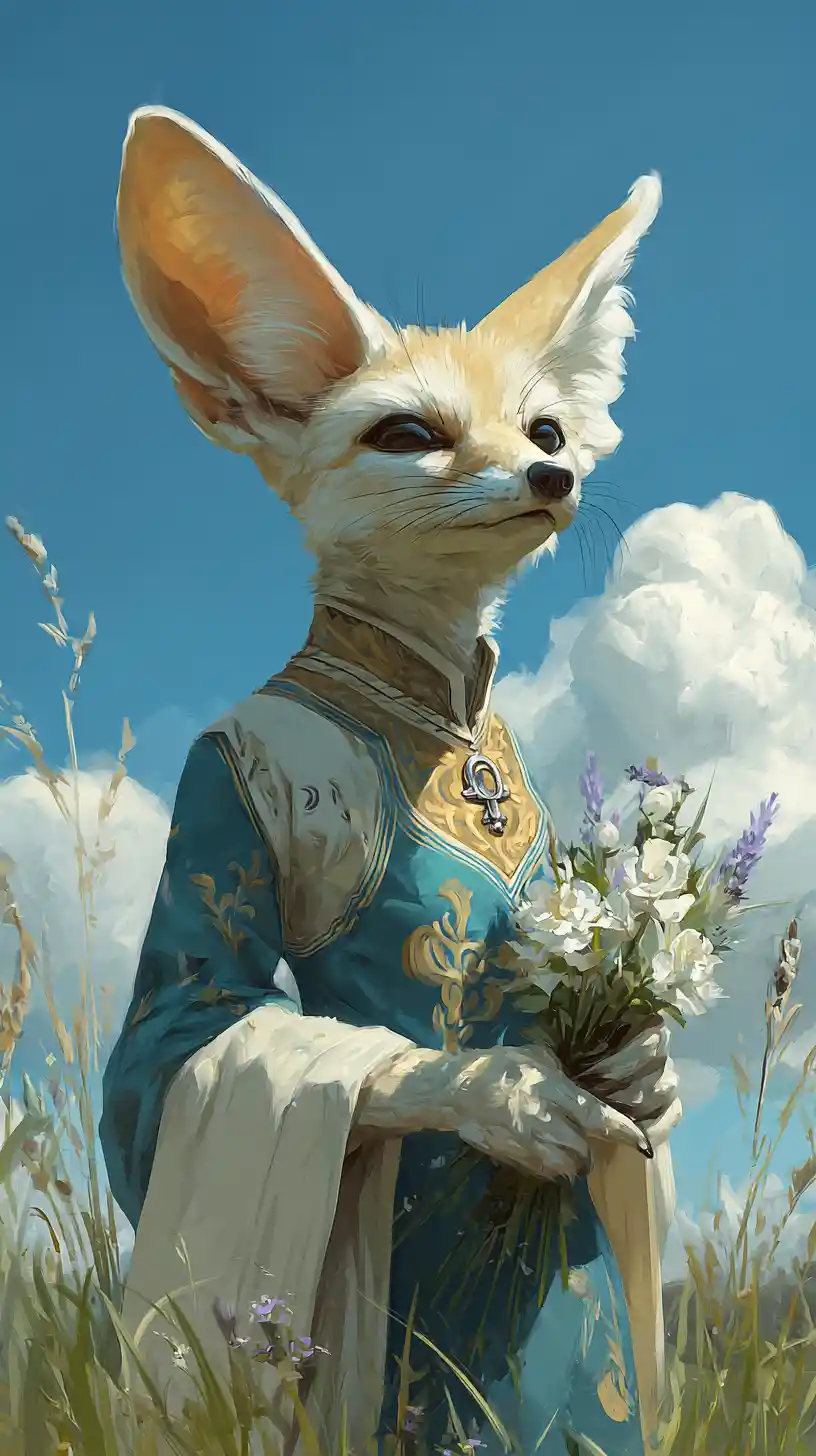 Fennec anthropomorphe en tenue traditionnelle tenant des fleurs sauvages