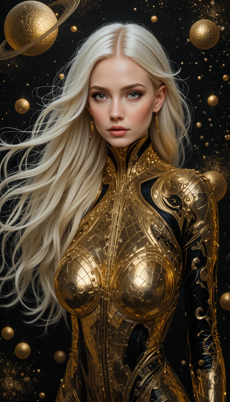 Gros plan d’une femme aux cheveux blancs dans une galaxie sci‑fi dorée