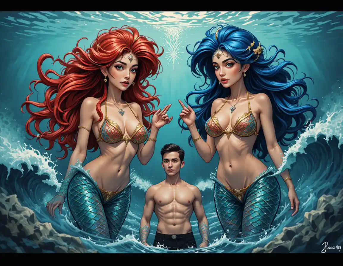 Due sirene colorate che fluttuano insieme in un oceano oscuro