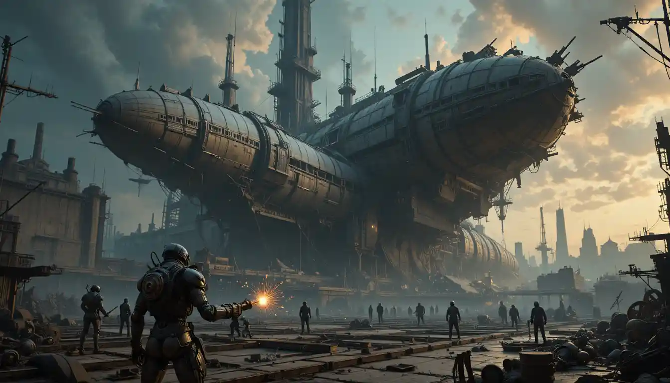 Colossais aeronaves steampunk se erguendo em um estaleiro esquecido