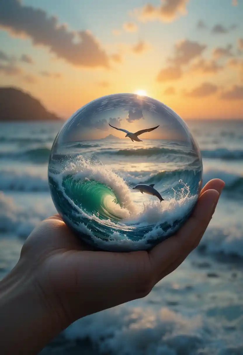 手心中的海豚與夕陽迷你海景