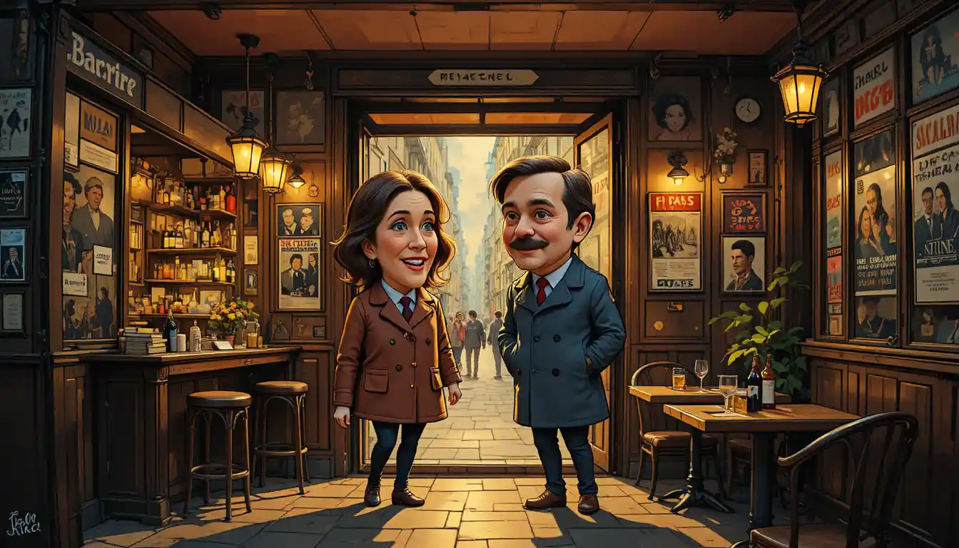 Couple entering a quiet candlelit cafe on a rainy night
