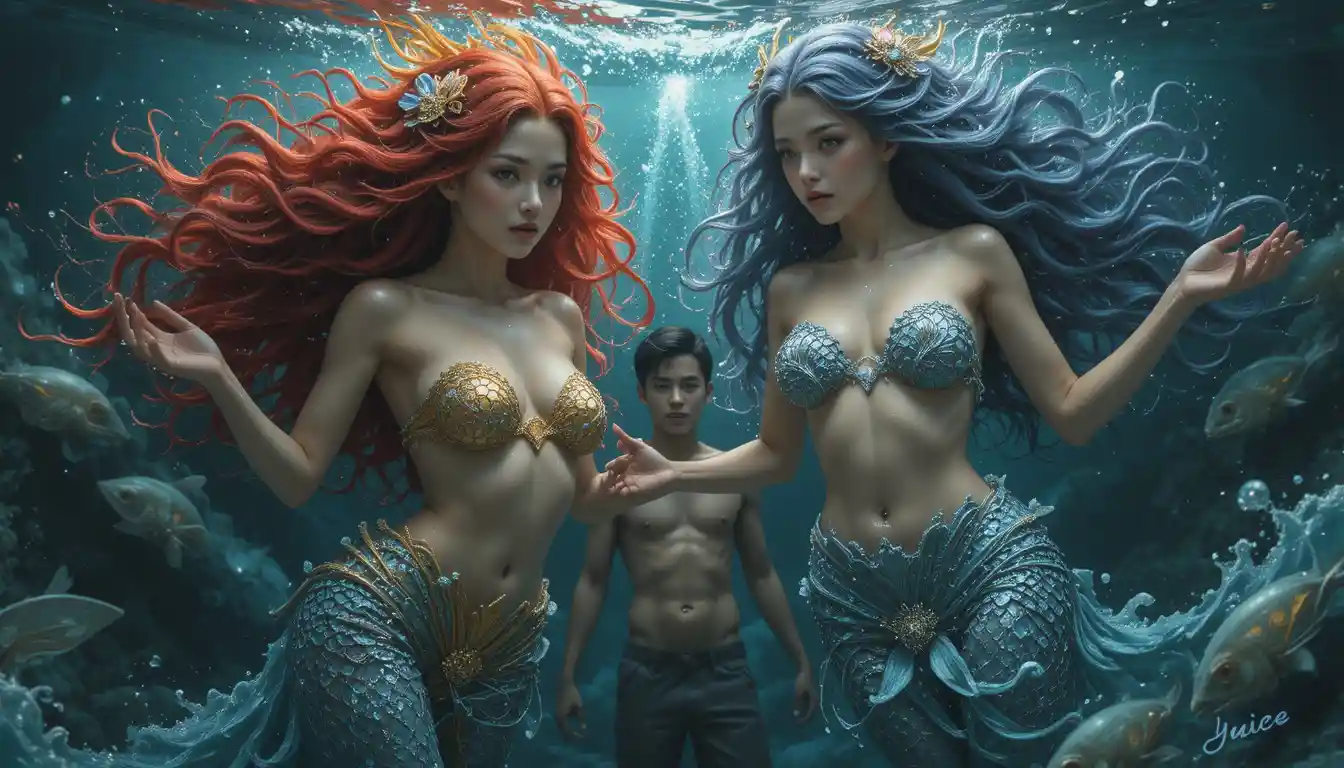 Two mermaids with vivid colored hair swimming underwater