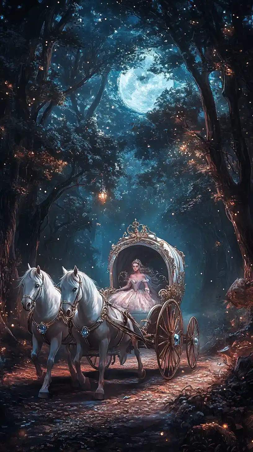 Moonlit fairy tale carriage in an enchanted forest
