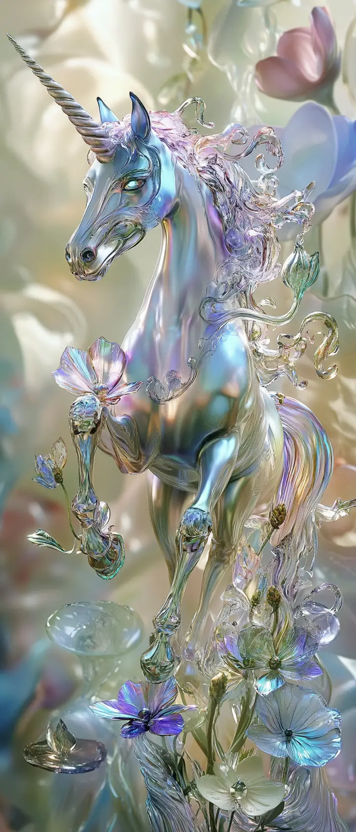Licorne squelettique en verre dans un champ de fleurs fantastique et onirique