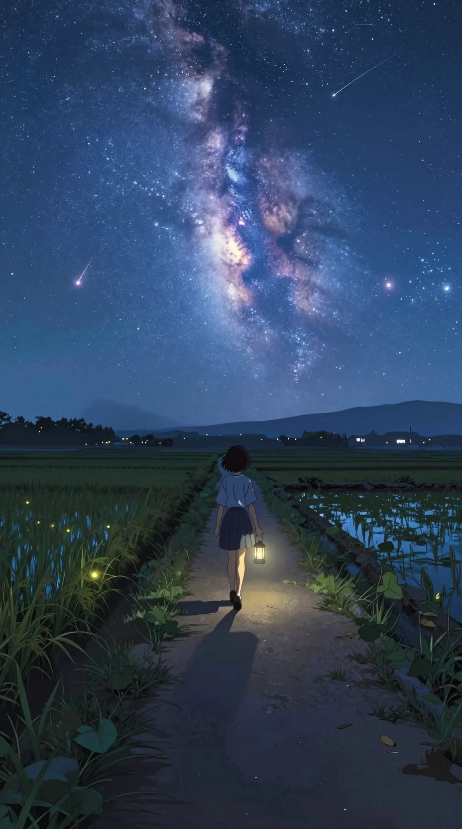 Garota de anime caminhando em trilha de arrozal sob as estrelas