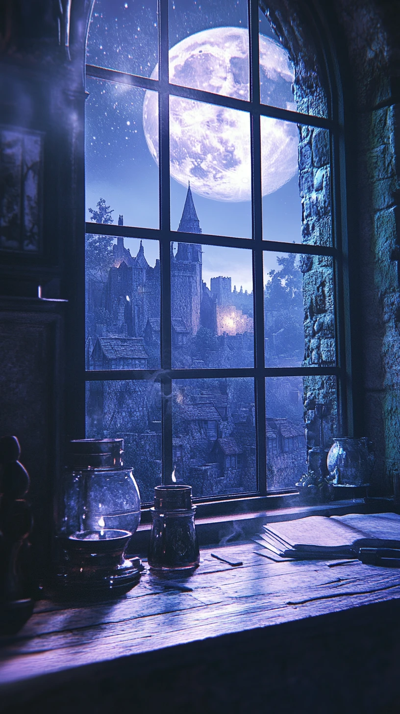 Paisagem fantástica ao luar vista da janela de uma torre de mago