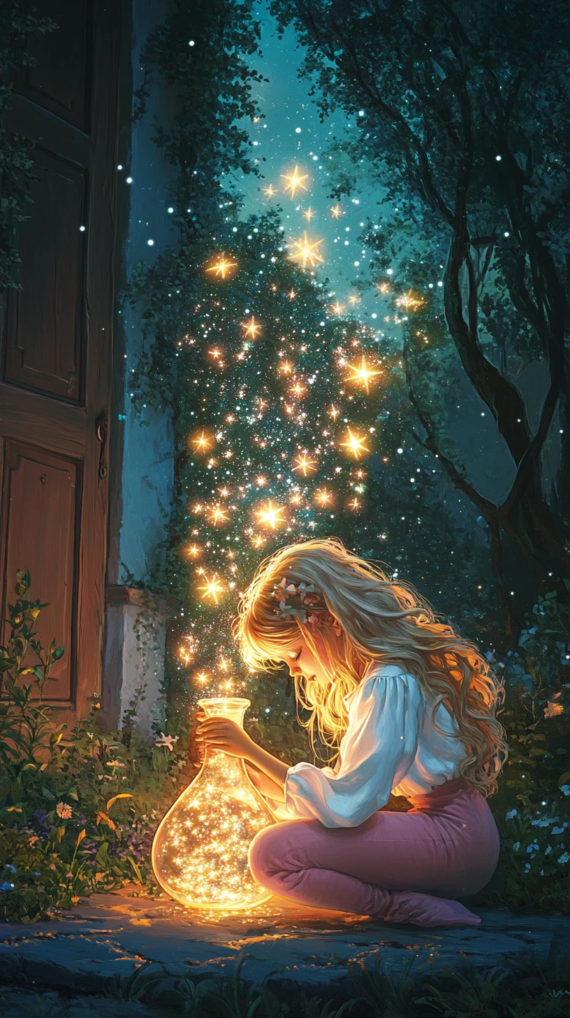 Ragazza che rilascia stelle luminose da una bottiglia di notte
