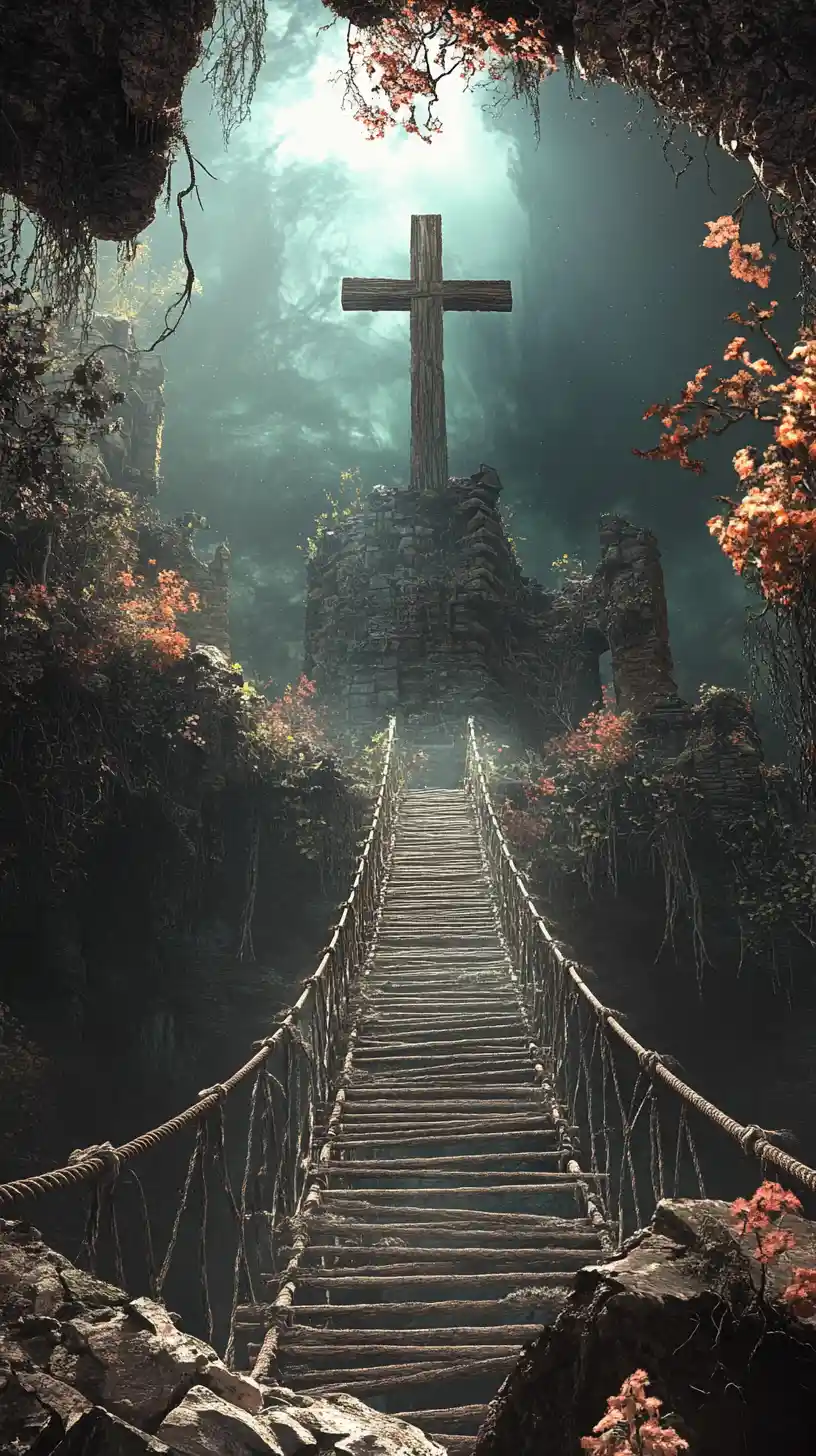 Rope Bridge Into A Glowing Portal In Dark Fantasy Ruins