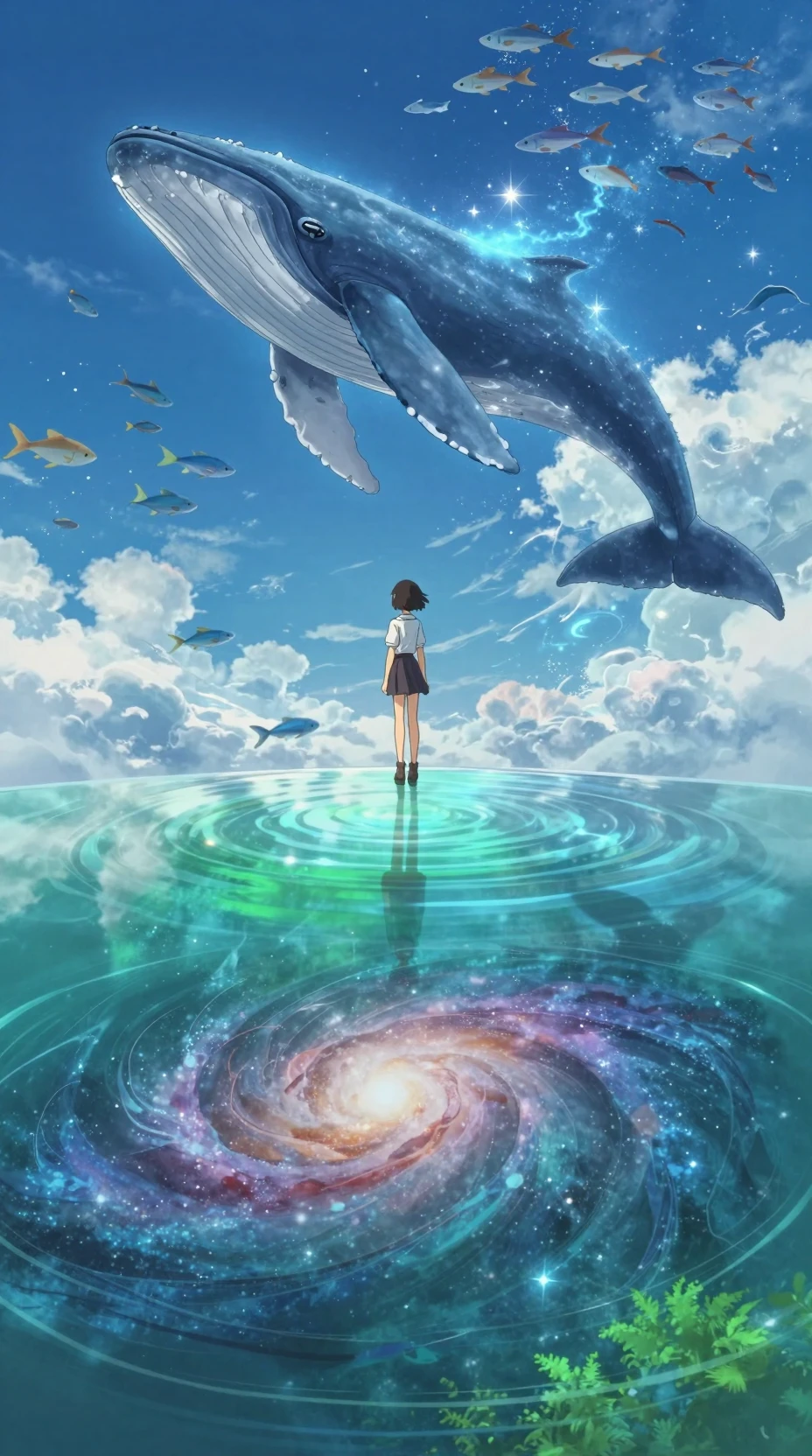 Ragazza anime su un immenso cielo a specchio sopra la galassia