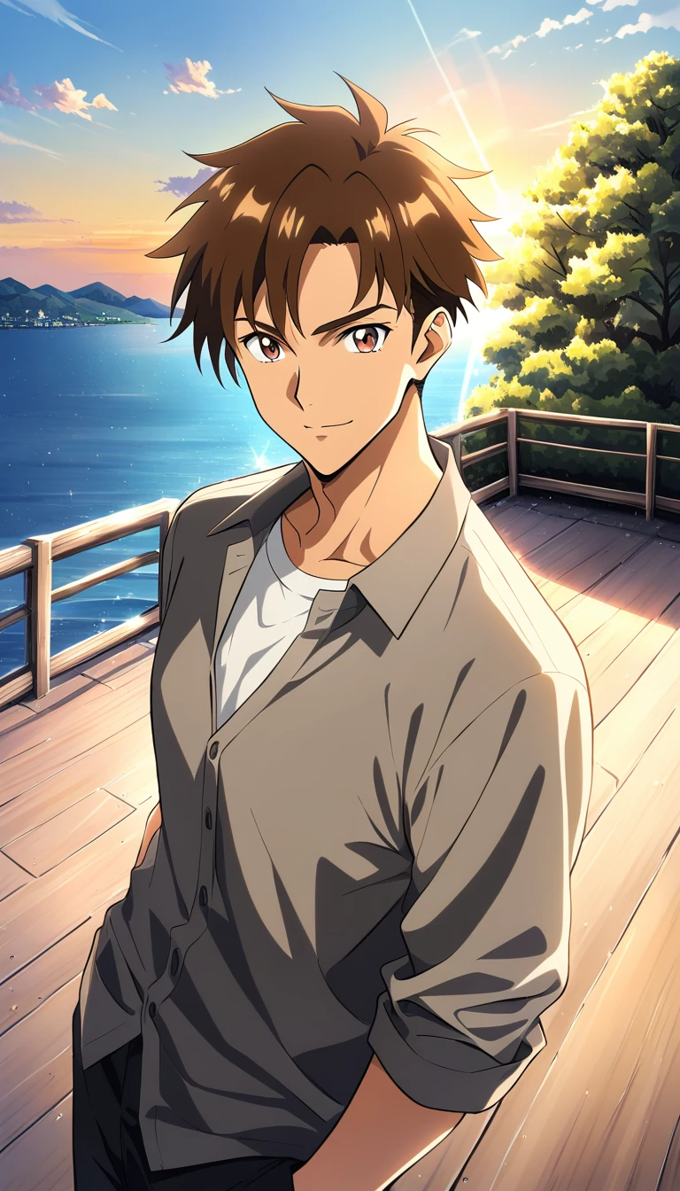 Jovem confiante em cena de anime ao ar livre ao pôr do sol