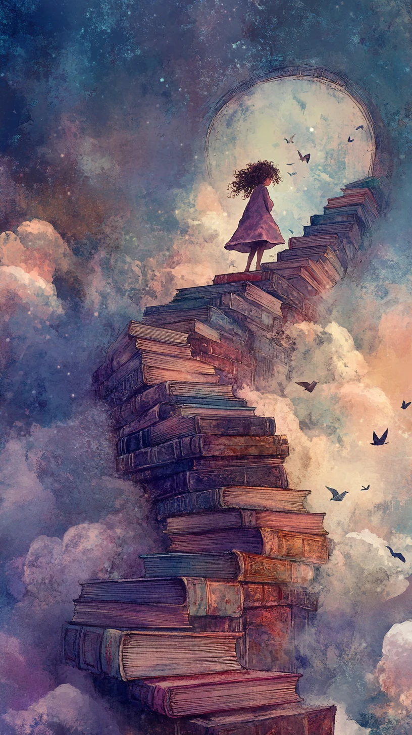 Junge Träumerin auf einer Wendeltreppe aus riesigen Büchern